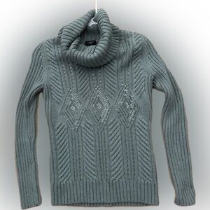 Talbots Chunky Cable Knit Sage Green embellished Sweater in EUC size PETITE P